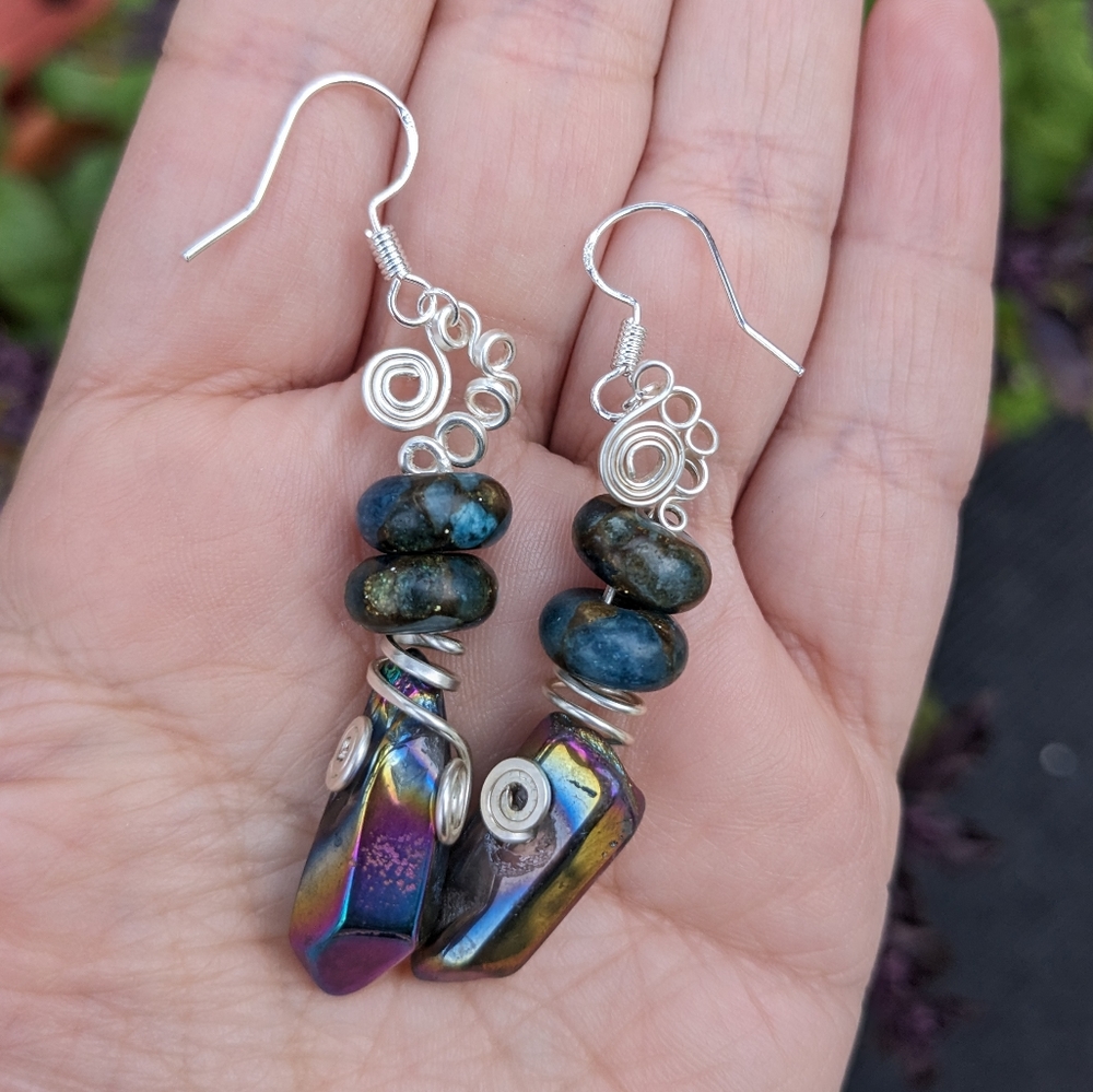 Quartz Crystals & Impression Jasper Silver Earrings Handmade Artisan Wrapped - Picture 3 of 10